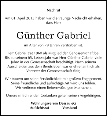 Traueranzeige von Günther Gabriel von Mitteldeutsche Zeitung Dessau-Roßlau