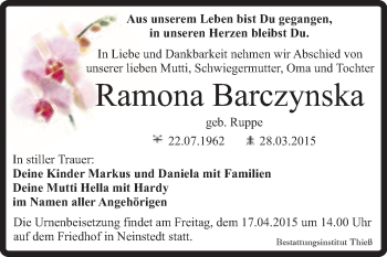 Traueranzeige von Ramona Barczynska von Super Sonntag Quedlinburg