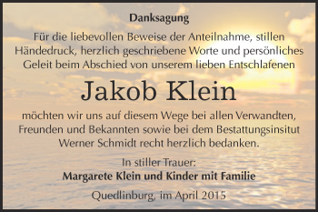 Traueranzeige von Jakob Klein von Super Sonntag Quedlinburg