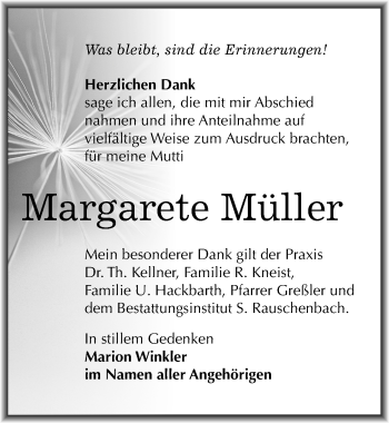 Traueranzeige von Margarete Müller von Mitteldeutsche Zeitung Naumburg/Nebra