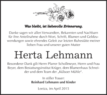 Traueranzeige von Herta Lehmann von WVG - Wochenspiegel Wittenberg