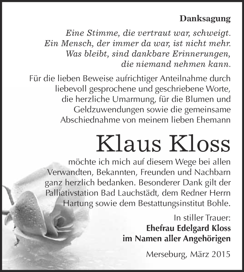  Traueranzeige für Klaus Kloss vom 05.04.2015 aus Super Sonntag Merseburg