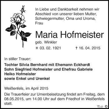 Traueranzeige von Maria Hofmeister von WVG - Wochenspiegel NMB / WSF / ZTZ