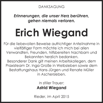 Traueranzeige von Erich Wiegand von Super Sonntag Aschersleben