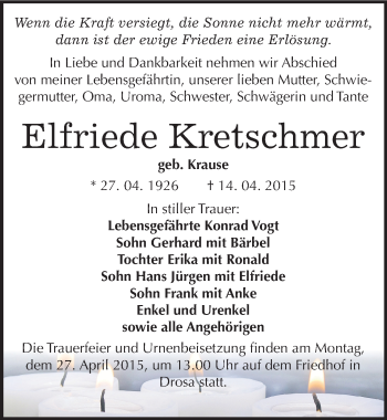Traueranzeige von Elfriede Kretschmer von Mitteldeutsche Zeitung Köthen