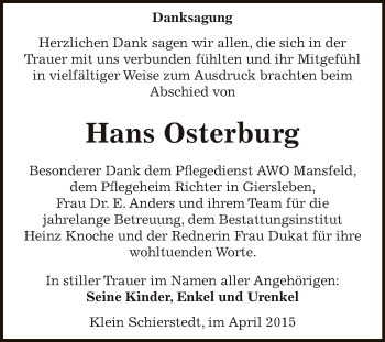 Traueranzeige von Hans Osterburg von Super Sonntag Aschersleben