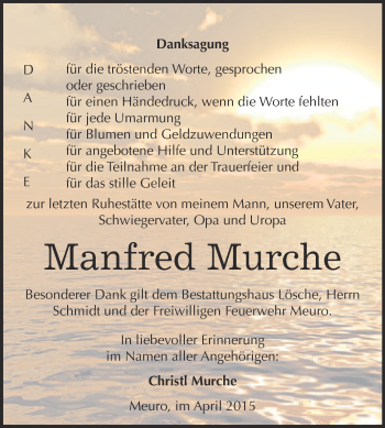 Traueranzeige von Manfred Murche von WVG - Wochenspiegel Wittenberg