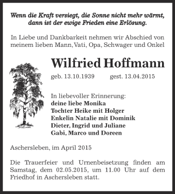 Traueranzeige von Wilfried Hoffmann von Super Sonntag Aschersleben