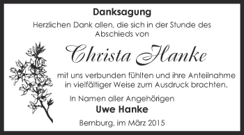 Traueranzeige von Christa Hanke von Super Sonntag Bernburg