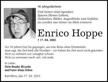 Traueranzeige von Enrico Hoppe von Mitteldeutsche Zeitung Naumburg/Nebra