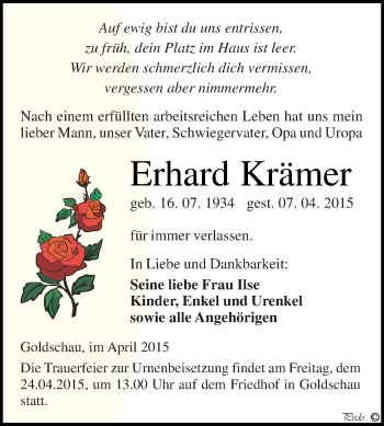 Traueranzeige von Erhard Krämer von Super Sonntag Zeitz