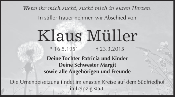 Traueranzeige von Klaus Müller von Super Sonntag Merseburg