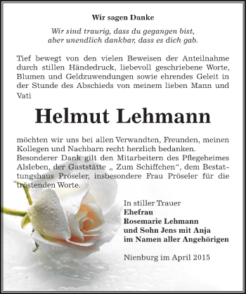 Traueranzeige von Helmut Lehmann von Mitteldeutsche Zeitung Bernburg