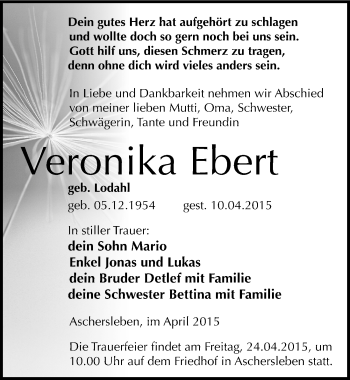 Traueranzeige von Veronika Ebert von Mitteldeutsche Zeitung Aschersleben