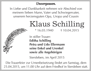 Traueranzeige von Klaus Schilling von Wochenspiegel Mansfelder Land