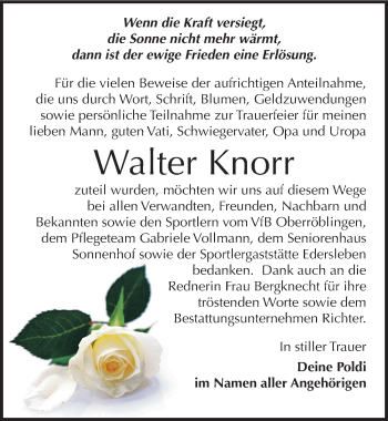 Traueranzeige von Walter Knorr von Mitteldeutsche Zeitung Sangerhausen