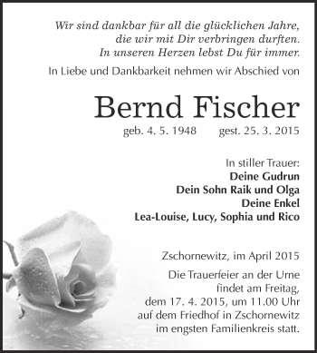 Traueranzeige von Bernd Fischer von WVG - Wochenspiegel Wittenberg