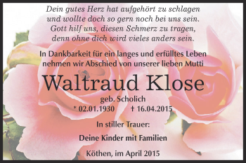 Traueranzeige von Waltraud Klose von WVG - Wochenspiegel Dessau / Köthen