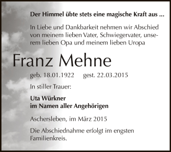 Traueranzeige von Franz Mehne von Super Sonntag Aschersleben