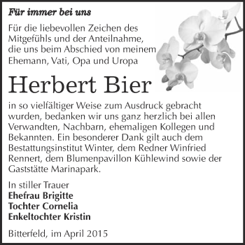 Traueranzeige von Herbert Bier von WVG - Wochenspiegel Bitterfeld