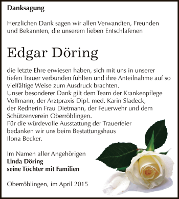Traueranzeige von Edgar Döring von Super Sonntag SGH Mansf. Land