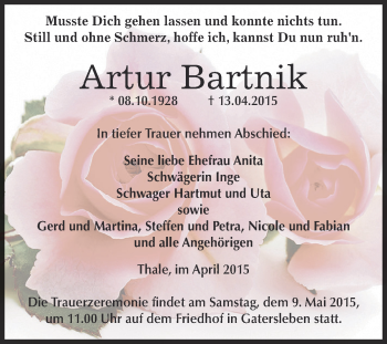 Traueranzeige von Artur Bartnik von Super Sonntag Aschersleben