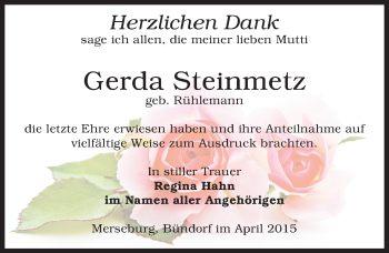 Traueranzeige von Gerda Steinmetz von Mitteldeutsche Zeitung Merseburg/Querfurt