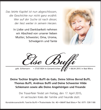Traueranzeige von Else Buffi von Mitteldeutsche Zeitung