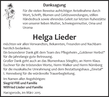 Traueranzeige von Helga Lieder von Super Sonntag Quedlinburg