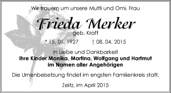 Traueranzeige von Frieda Merker von Mitteldeutsche Zeitung Zeitz