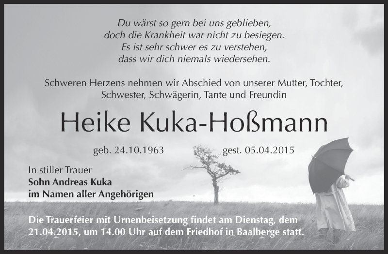  Traueranzeige für Heike Kuka-Hoßmann vom 12.04.2015 aus Super Sonntag Bernburg