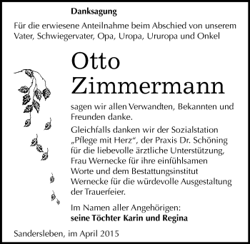 Traueranzeige von Otto Zimmermann von Mitteldeutsche Zeitung Mansfelder Land