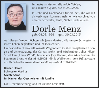 Traueranzeige von Dorle Menz von Super Sonntag Zeitz