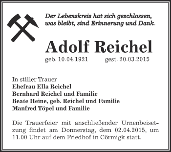 Traueranzeige von Adolf Reichel von WVG - Wochenspiegel Bernburg
