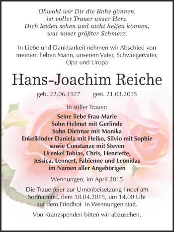 Traueranzeige von Hans-Joachim Reiche von WVG - Wochenspiegel NMB / WSF / ZTZ