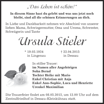 Traueranzeige von Ursula Stieler von WVG - Wochenspiegel Dessau / Köthen