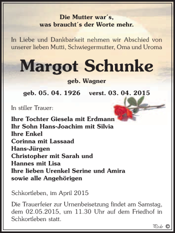 Traueranzeige von Margot Schunke von WVG - Wochenspiegel NMB / WSF / ZTZ