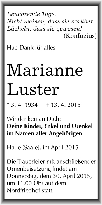 Traueranzeige von Marianne Luster von Mitteldeutsche Zeitung Halle/Saalkreis