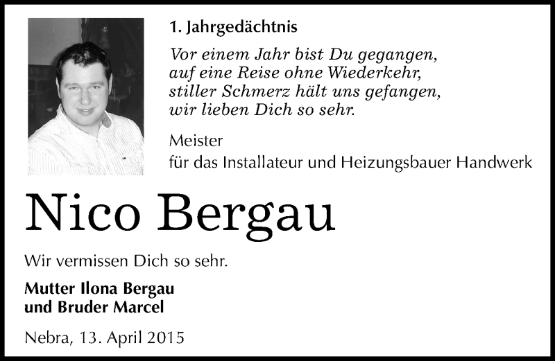  Traueranzeige für Nico Bergau vom 13.04.2015 aus Mitteldeutsche Zeitung Naumburg/Nebra