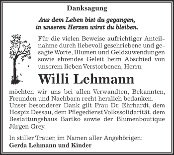 Traueranzeige von Willi Lehmann von WVG - Wochenspiegel Dessau / Köthen