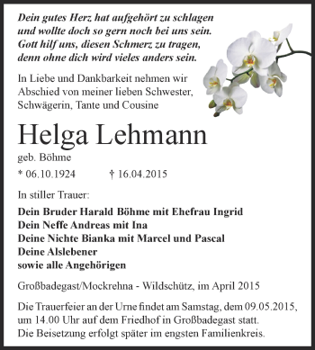 Traueranzeige von Helga Lehmann von WVG - Wochenspiegel Dessau / Köthen