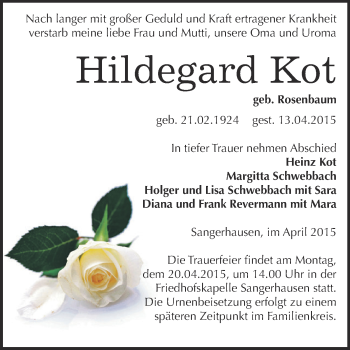 Traueranzeige von Hildegard Kot von Super Sonntag SGH Mansf. Land