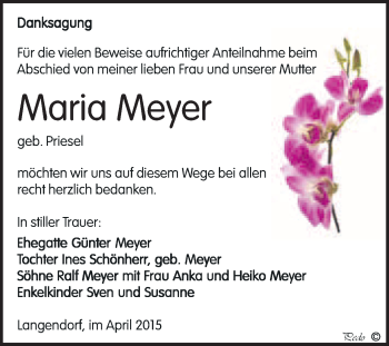 Traueranzeige von Maria Meyer von WVG - Wochenspiegel NMB / WSF / ZTZ