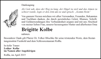 Traueranzeige von Brigitte Kolbe von Super Sonntag SGH Mansf. Land