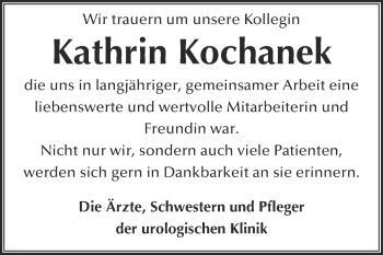 Traueranzeige von Kathrin Kochanek von WVG - Wochenspiegel NMB / WSF / ZTZ