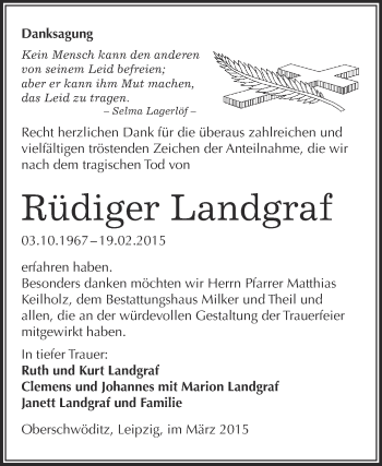 Traueranzeige von Rüdiger Landgraf von WVG - Wochenspiegel NMB / WSF / ZTZ