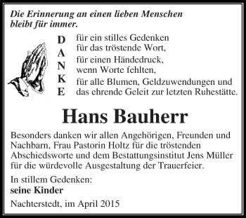 Traueranzeige von Hans Bauherr von Super Sonntag Aschersleben