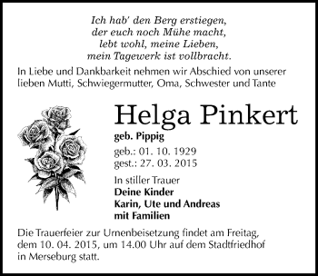 Traueranzeige von Helga Pinkert von Mitteldeutsche Zeitung Merseburg/Querfurt