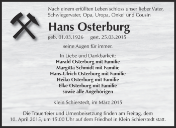 Traueranzeige von Hans Osterburg von Super Sonntag Aschersleben