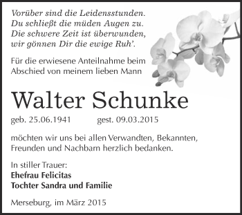 Traueranzeige von Walter Schunke von Super Sonntag Merseburg